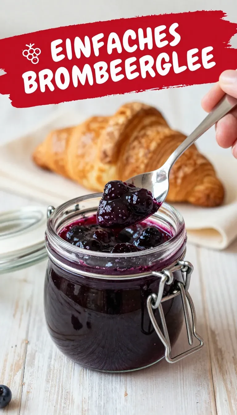 Glas mit selbstgemachtem Brombeergelee neben frischen Brombeeren und einem Löffel auf einem hellen Küchentisch
