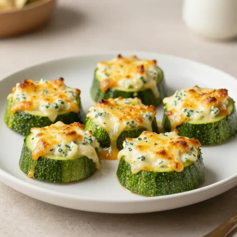 Knusprige Zucchini-Käse-Puffer auf einem Teller, serviert mit frischem Kräuterdip