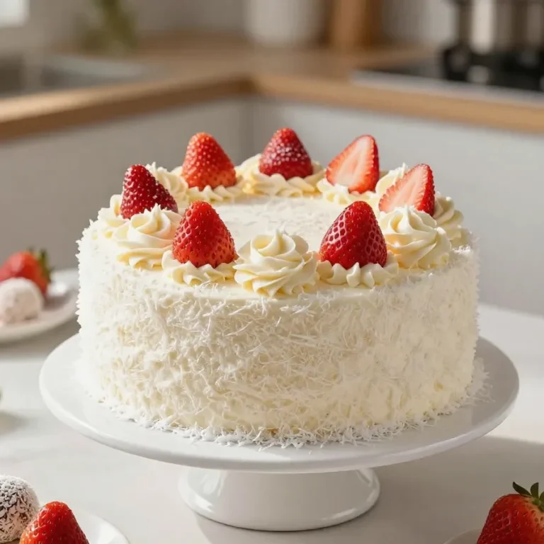 Raffaello Erdbeer Torte auf einem hellen Teller mit frischen Erdbeeren und cremiger Kokos-Schicht