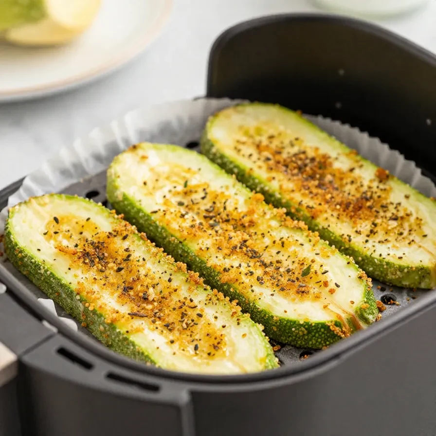 Knusprige glutenfreie und Low-Carb Airfryer-Zucchini auf einem Teller serviert