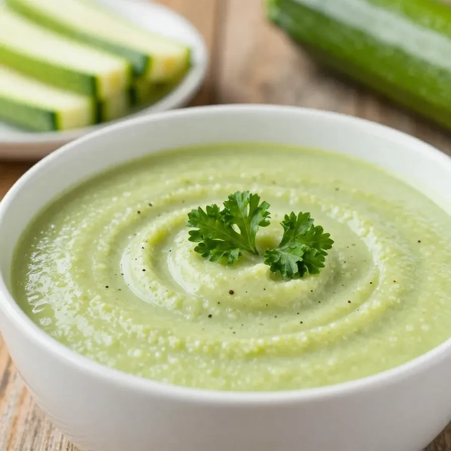 Eine cremige Zucchinisuppe mit Kartoffeln in einer Schale, garniert mit frischen Kräutern.