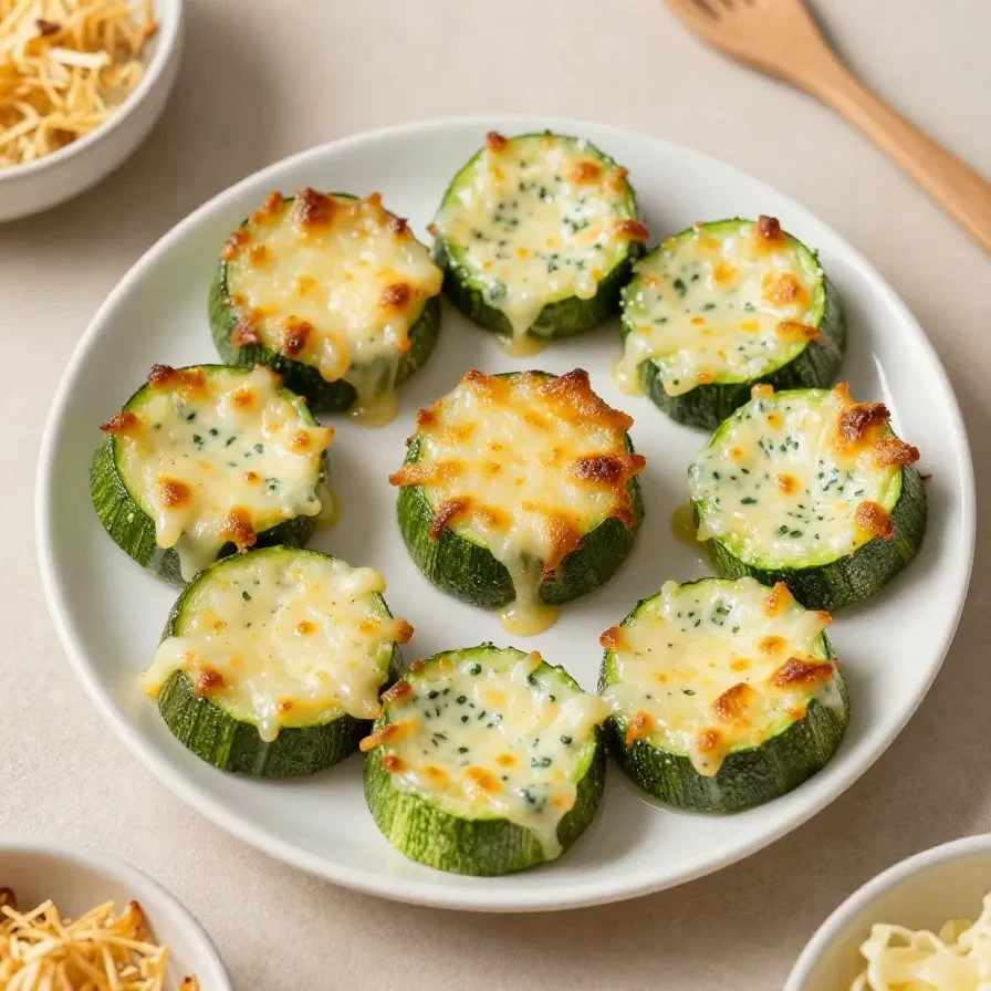 Knusprige Zucchini-Käse-Puffer auf einem Teller, serviert mit frischem Kräuterdip