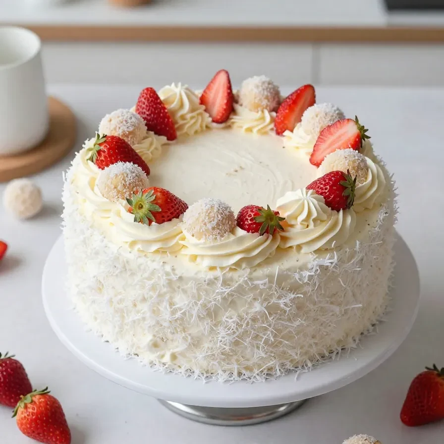 Raffaello Erdbeer Torte auf einem hellen Teller mit frischen Erdbeeren und cremiger Kokos-Schicht