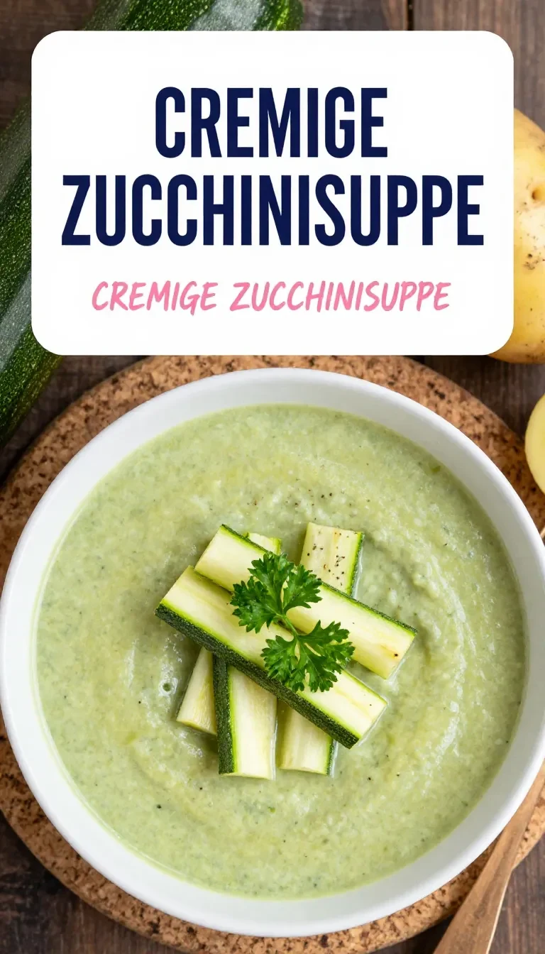 Eine cremige Zucchinisuppe mit Kartoffeln in einer Schale, garniert mit frischen Kräutern.