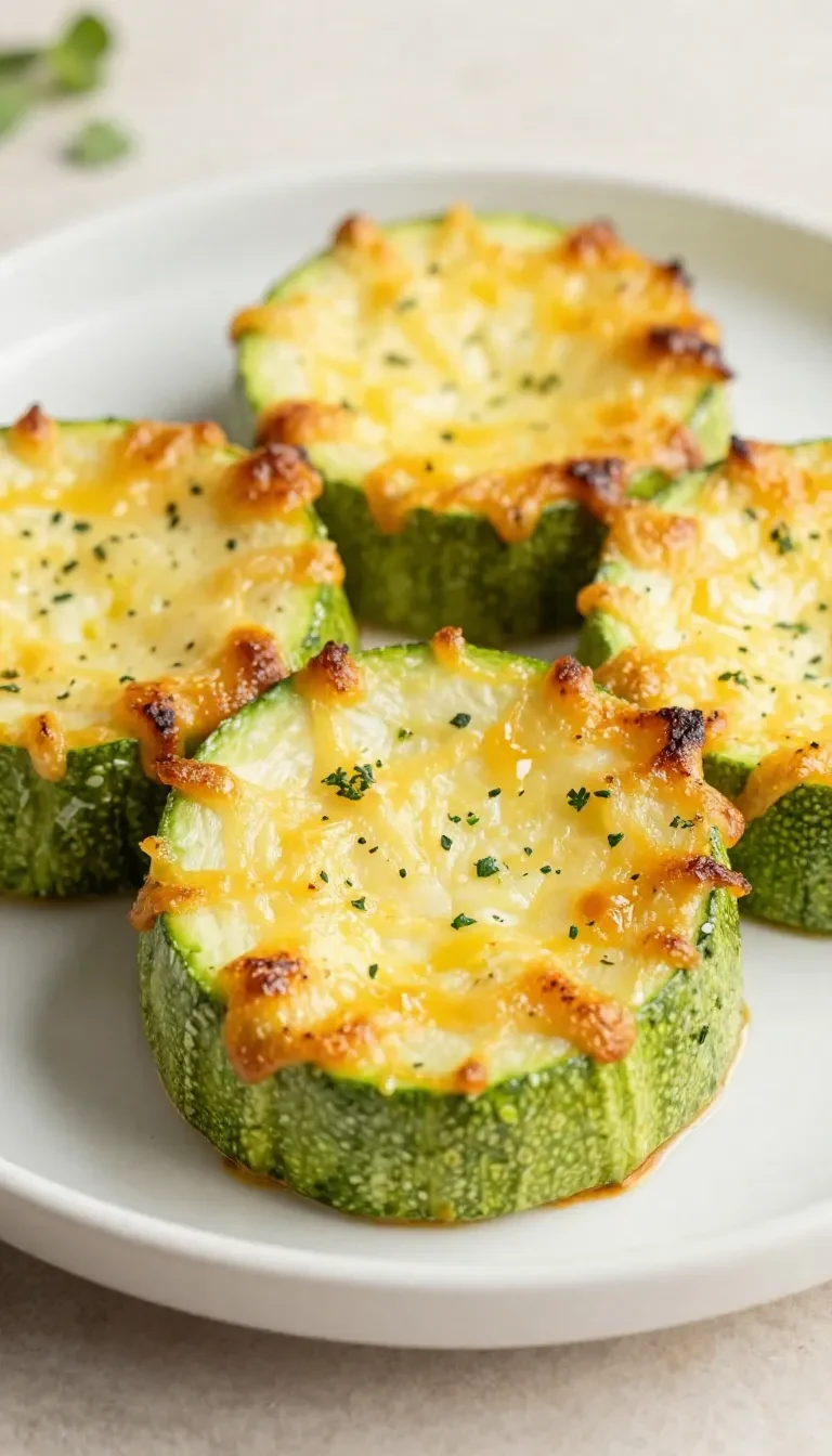 Knusprige Zucchini-Käse-Puffer auf einem Teller, serviert mit frischem Kräuterdip