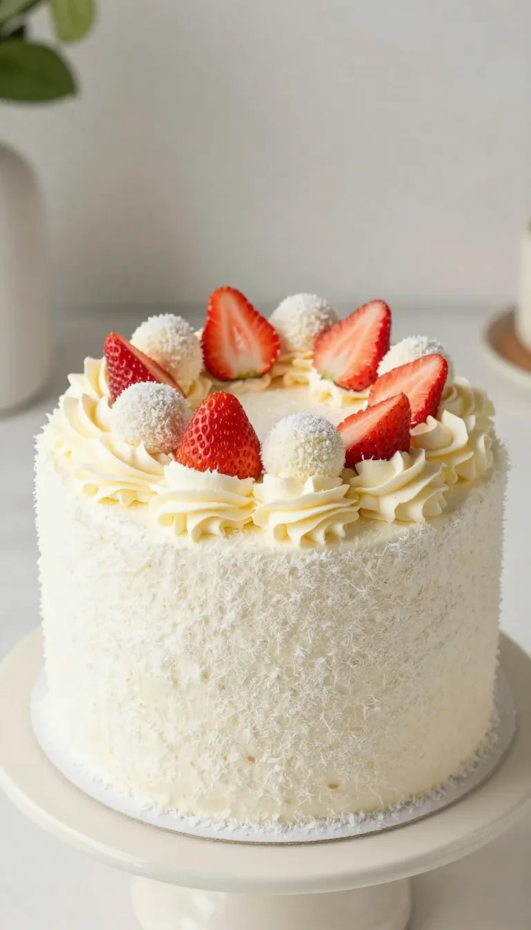 Raffaello Erdbeer Torte auf einem hellen Teller mit frischen Erdbeeren und cremiger Kokos-Schicht