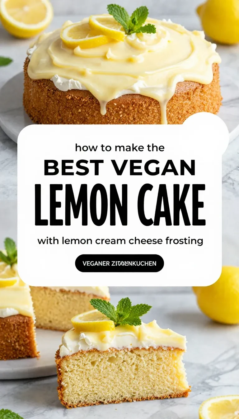 Veganer Zitronenkuchen mit heller Zitronen- Frischkäse-Glasur auf einem Kuchenteller