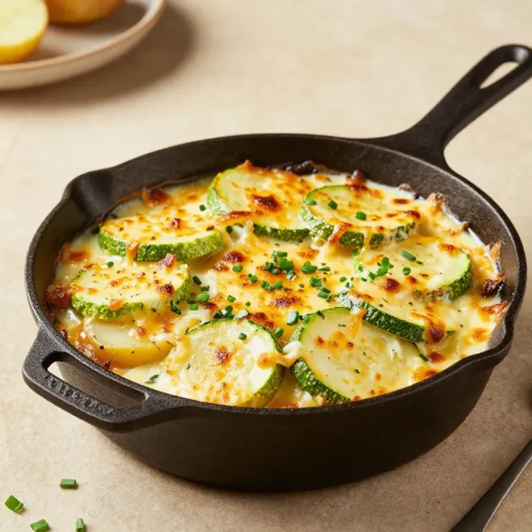 Frisch gebackener Kartoffel-Zucchini-Auflauf in einer ovalen Auflaufform mit goldbrauner Käsekruste.