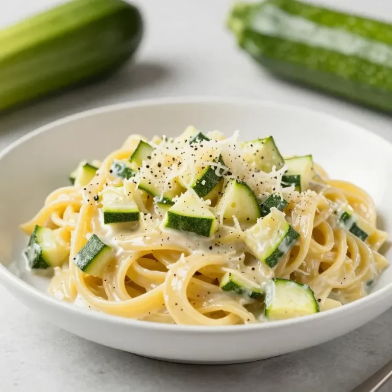 Eine Schüssel Pasta mit cremiger Zucchini-Zitronen-Knoblauch-Sauce, garniert mit frischem Basilikum und geriebenem Parmesan.