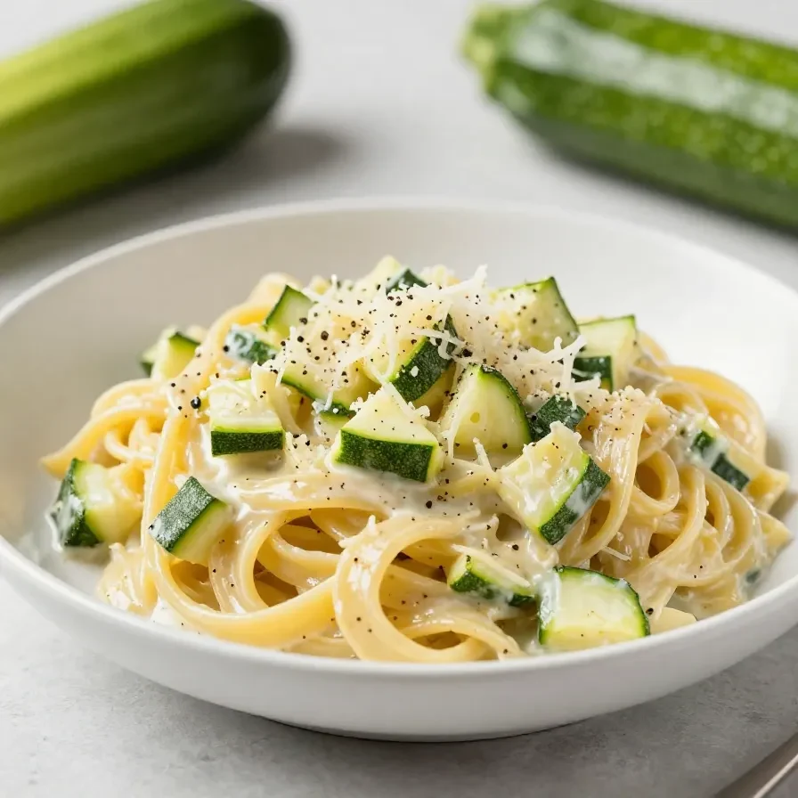 Eine Schüssel Pasta mit cremiger Zucchini-Zitronen-Knoblauch-Sauce, garniert mit frischem Basilikum und geriebenem Parmesan.