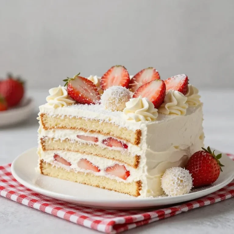 Raffaello Torte mit weißer Kokoscreme, Biskuitboden und dekorierten Raffaello-Pralinen auf einem Kuchenständer.