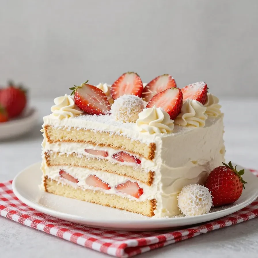 Raffaello Torte mit weißer Kokoscreme, Biskuitboden und dekorierten Raffaello-Pralinen auf einem Kuchenständer.