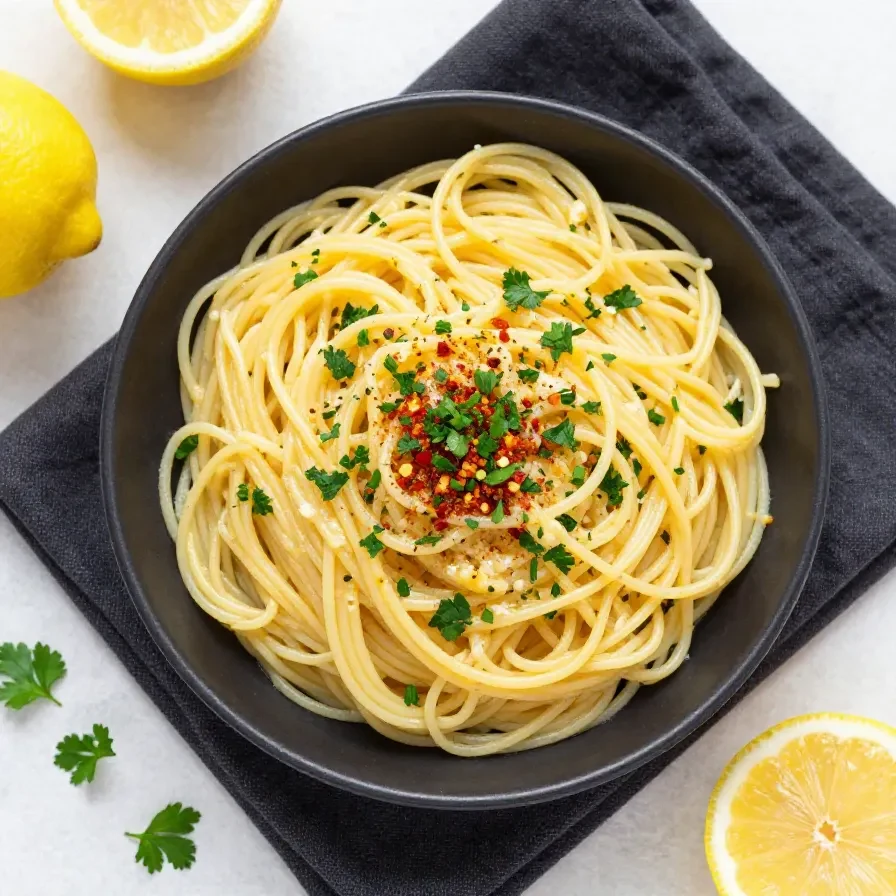 Cremige Zitronen-Butter-Knoblauch-Pastasauce zu Pasta al Limone in einer hellen Schüssel, garniert mit frischer Petersilie und Zitronenzesten.