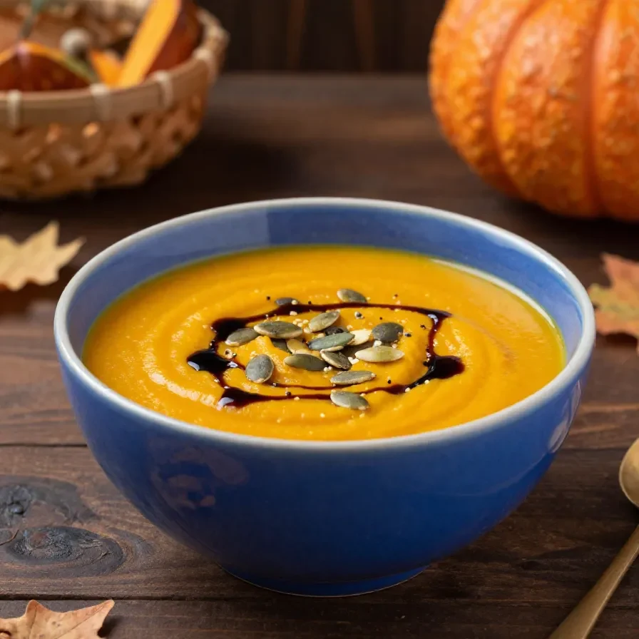 Eine cremige, orangefarbene Kürbissuppe in einer Schüssel, garniert mit Kürbiskernen und einem Klecks Sahne, serviert mit frischem Brot.