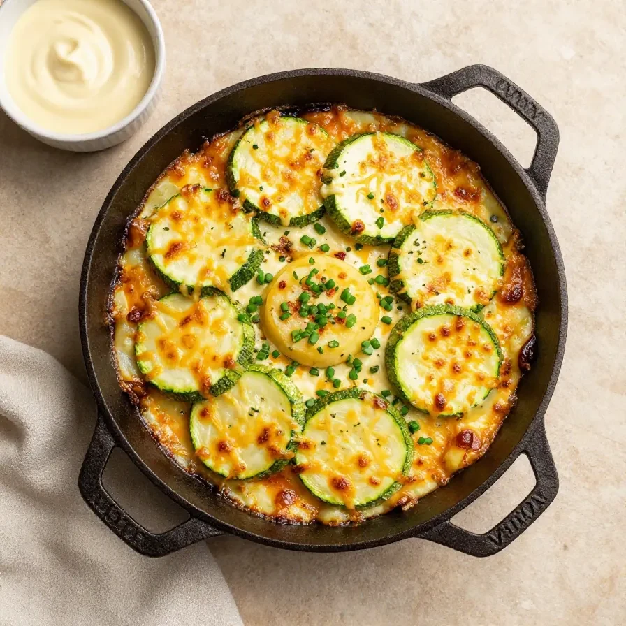 Frisch gebackener Kartoffel-Zucchini-Auflauf in einer ovalen Auflaufform mit goldbrauner Käsekruste.