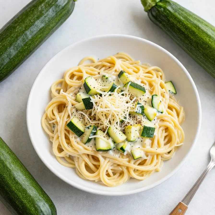 Eine Schüssel Pasta mit cremiger Zucchini-Zitronen-Knoblauch-Sauce, garniert mit frischem Basilikum und geriebenem Parmesan.