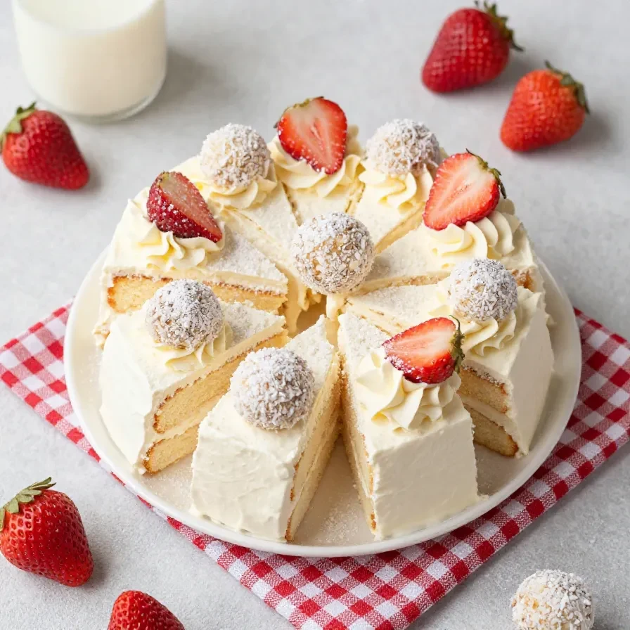 Raffaello Torte mit weißer Kokoscreme, Biskuitboden und dekorierten Raffaello-Pralinen auf einem Kuchenständer.