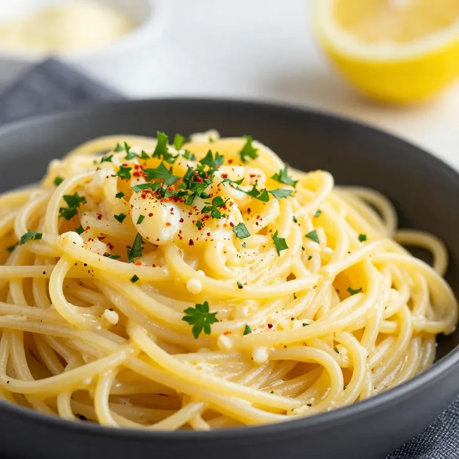 Cremige Zitronen-Butter-Knoblauch-Pastasauce zu Pasta al Limone in einer hellen Schüssel, garniert mit frischer Petersilie und Zitronenzesten.