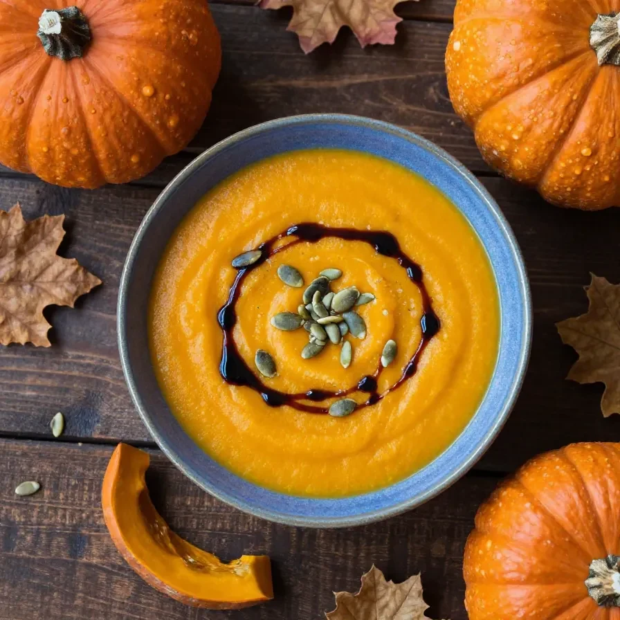 Eine cremige, orangefarbene Kürbissuppe in einer Schüssel, garniert mit Kürbiskernen und einem Klecks Sahne, serviert mit frischem Brot.