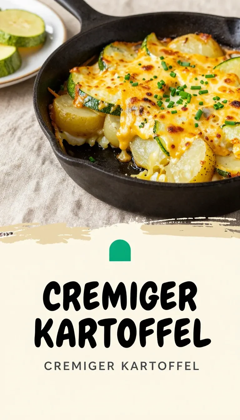 Frisch gebackener Kartoffel-Zucchini-Auflauf in einer ovalen Auflaufform mit goldbrauner Käsekruste.