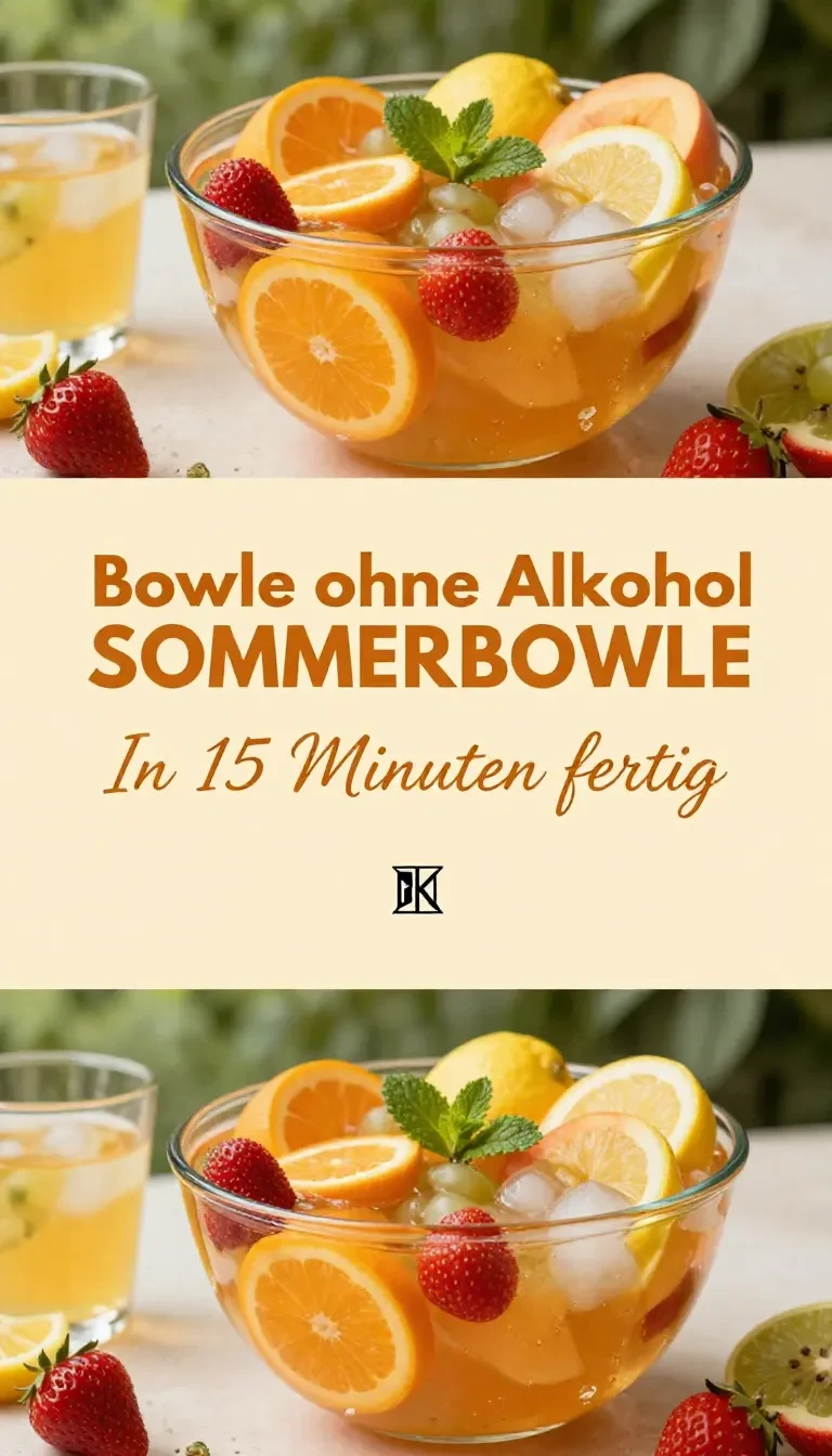 Bunte alkoholfreie Sommerbowle mit frischen Früchten und Minze in einer Glaskaraffe auf einem Gartentisch