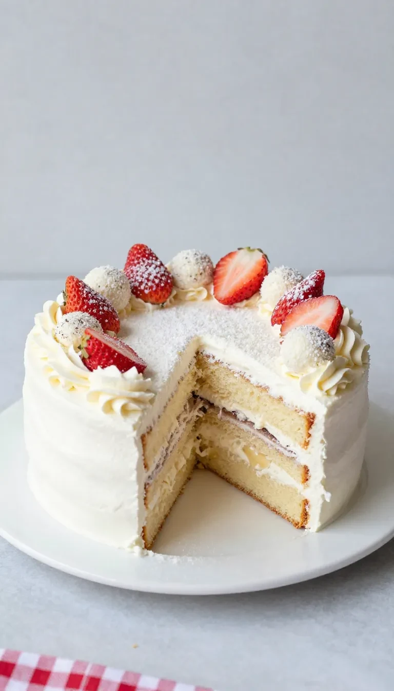 Raffaello Torte mit weißer Kokoscreme, Biskuitboden und dekorierten Raffaello-Pralinen auf einem Kuchenständer.