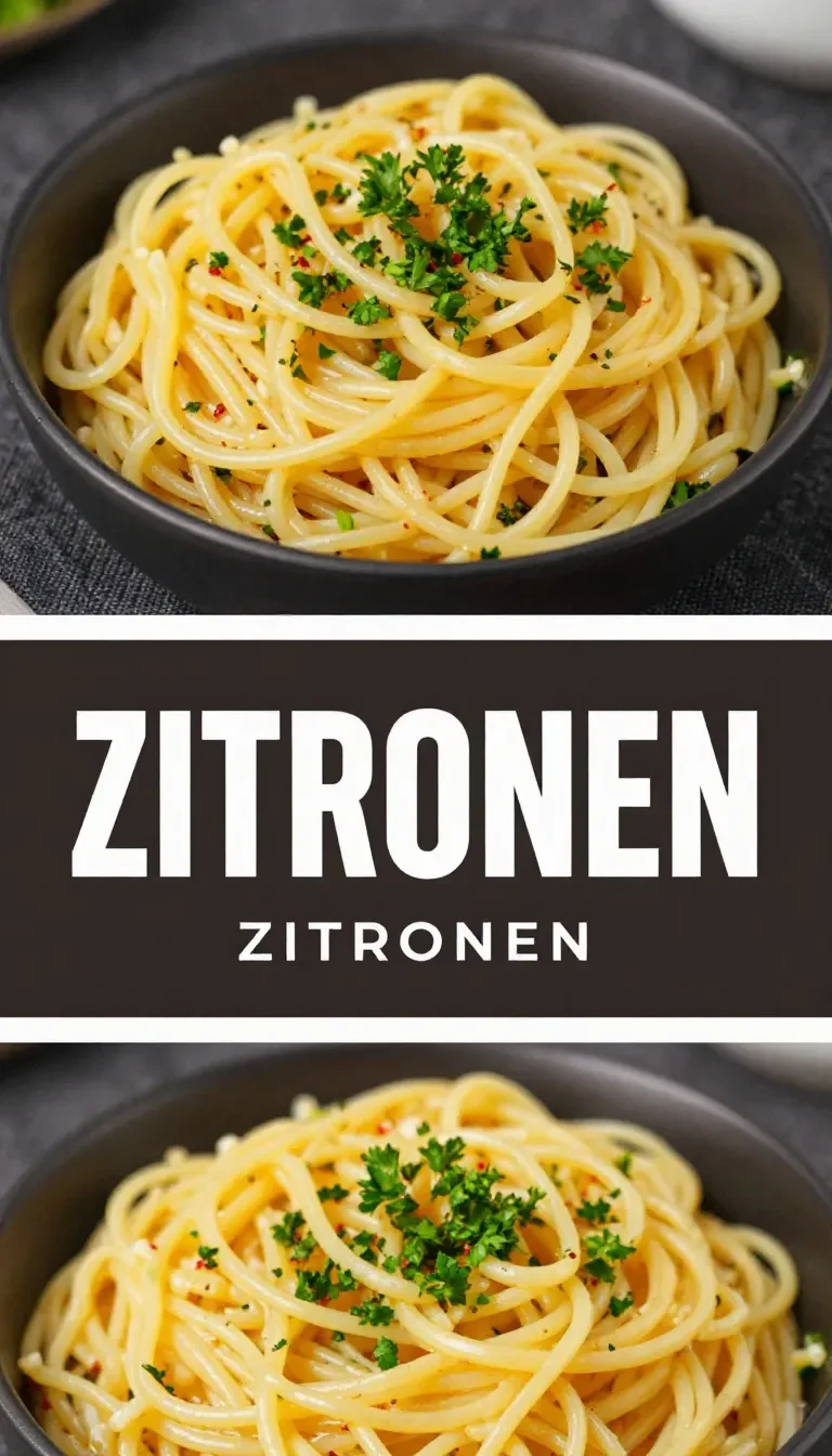 Cremige Zitronen-Butter-Knoblauch-Pastasauce zu Pasta al Limone in einer hellen Schüssel, garniert mit frischer Petersilie und Zitronenzesten.