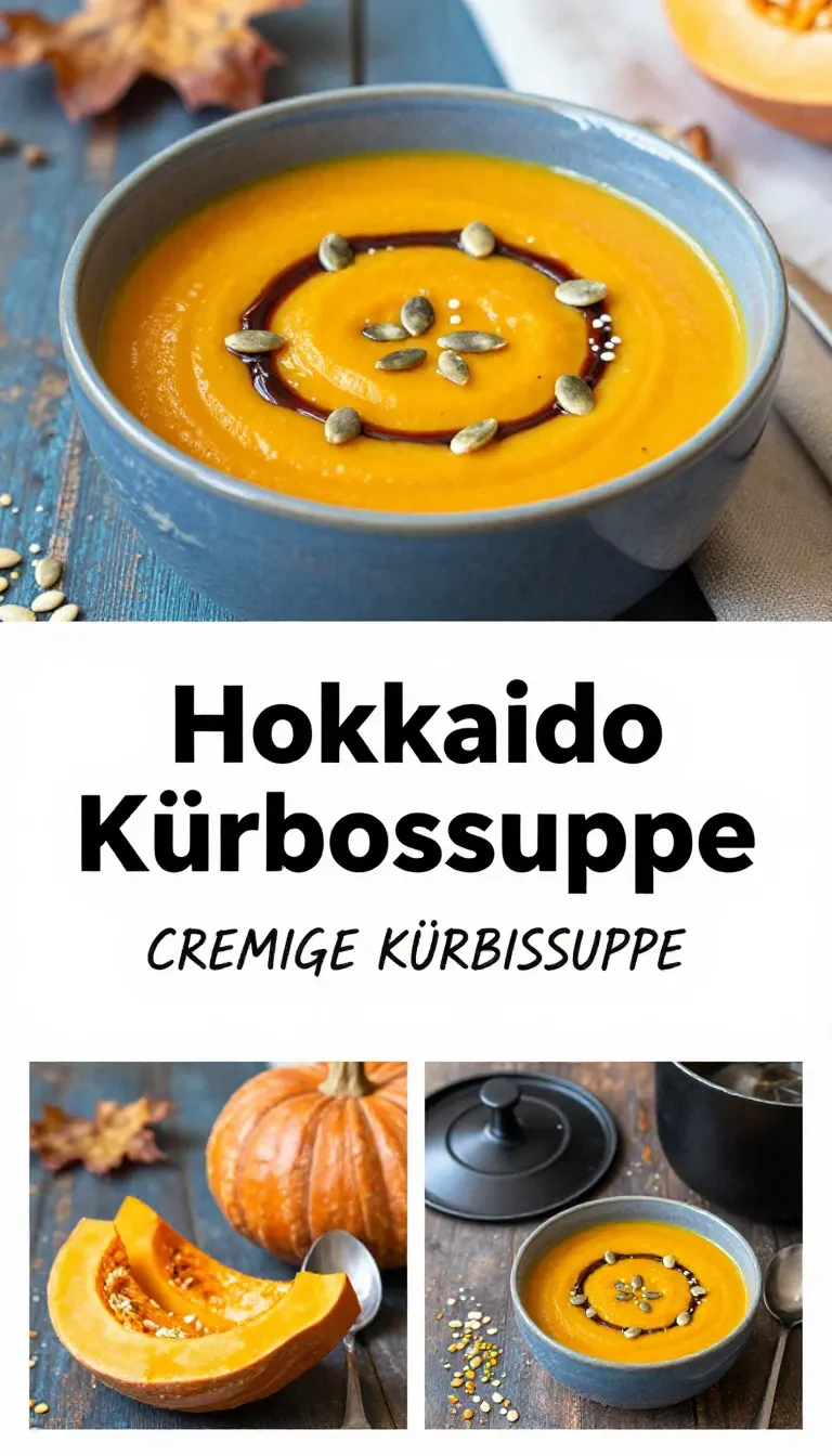 Eine cremige, orangefarbene Kürbissuppe in einer Schüssel, garniert mit Kürbiskernen und einem Klecks Sahne, serviert mit frischem Brot.