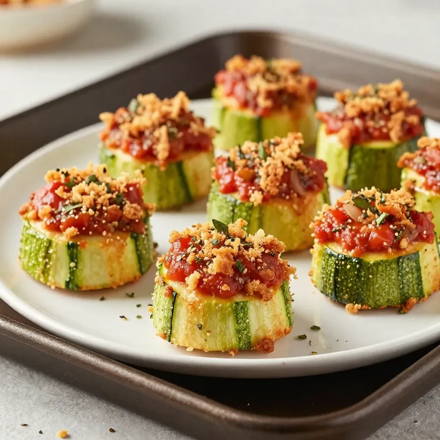 Italienisch inspirierte Zucchini-Knoblauch-Bites auf einem Teller, goldbraun gebacken und mit frischen Kräutern garniert