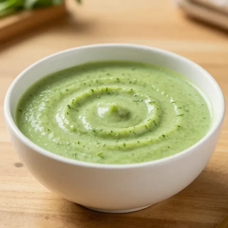 Eine cremige Zucchini-Kartoffel-Suppe in einer weißen Schüssel, garniert mit frischen Kräutern.