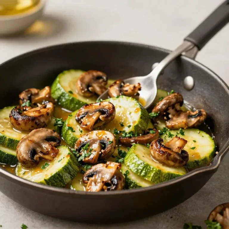 Gebratene Zucchini und Champignons in einer Pfanne mit frischen Kräutern.