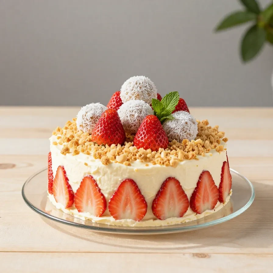 Stück Erdbeer-Raffaello-Torte mit cremiger Füllung, frischen Erdbeeren und Kokosraspeln auf einem Teller