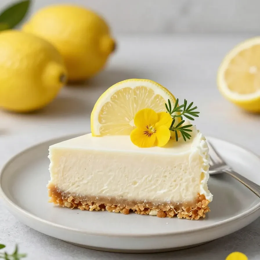 Einfacher no-bake Zitronen-Cheesecake mit heller Zitronencreme auf einem Keksboden, dekoriert mit Zitronenscheiben