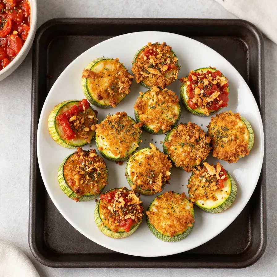 Italienisch inspirierte Zucchini-Knoblauch-Bites auf einem Teller, goldbraun gebacken und mit frischen Kräutern garniert