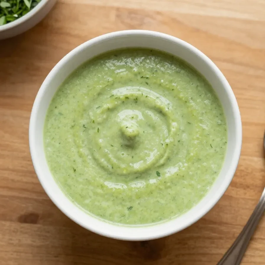 Eine cremige Zucchini-Kartoffel-Suppe in einer weißen Schüssel, garniert mit frischen Kräutern.