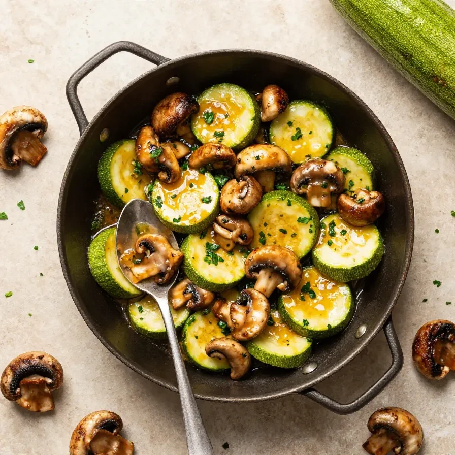 Gebratene Zucchini und Champignons in einer Pfanne mit frischen Kräutern.