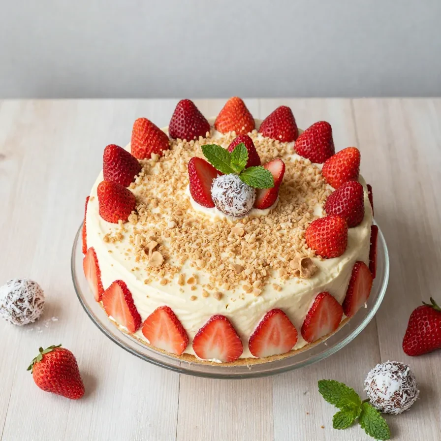 Stück Erdbeer-Raffaello-Torte mit cremiger Füllung, frischen Erdbeeren und Kokosraspeln auf einem Teller
