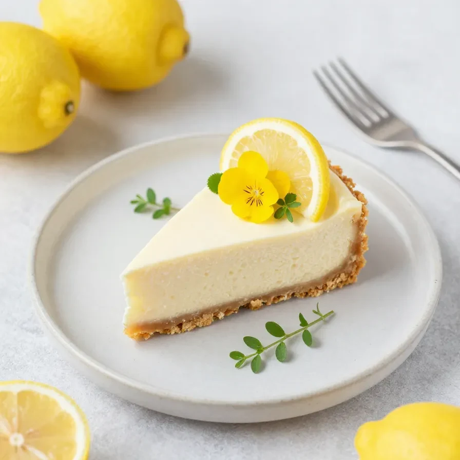Einfacher no-bake Zitronen-Cheesecake mit heller Zitronencreme auf einem Keksboden, dekoriert mit Zitronenscheiben