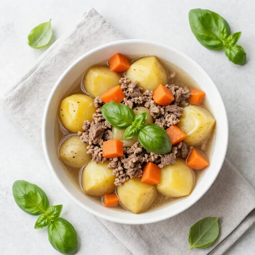 Eine Gnocchi-Pfanne mit Hackfleisch, Kürbiswürfeln und frischen Kräutern in einer großen Pfanne serviert.