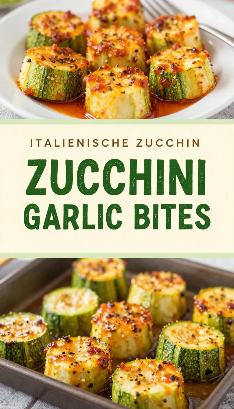 Italienisch inspirierte Zucchini-Knoblauch-Bites auf einem Teller, goldbraun gebacken und mit frischen Kräutern garniert