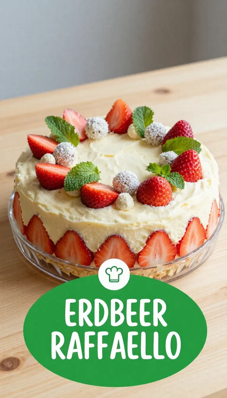 Stück Erdbeer-Raffaello-Torte mit cremiger Füllung, frischen Erdbeeren und Kokosraspeln auf einem Teller