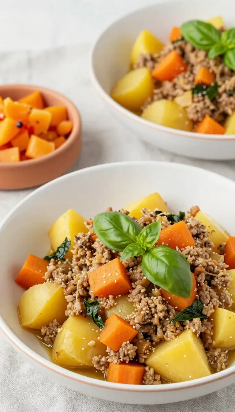 Eine Gnocchi-Pfanne mit Hackfleisch, Kürbiswürfeln und frischen Kräutern in einer großen Pfanne serviert.