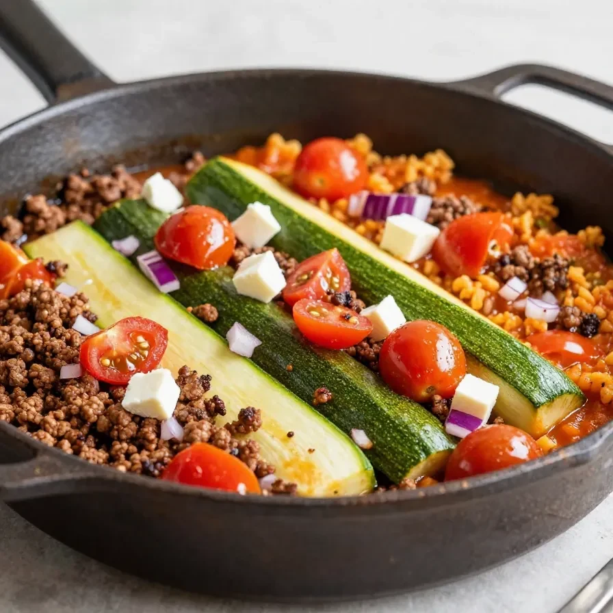 Zucchini-Hackfleisch-Pfanne mit frischen Zucchinistücken, angebratenem Hackfleisch und buntem Gemüse in einer großen Pfanne.