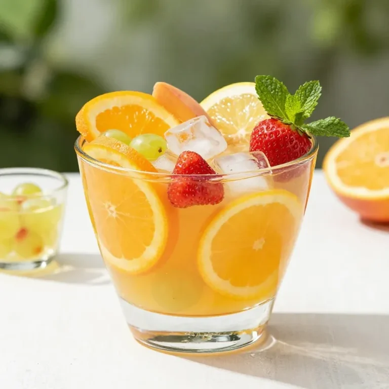 Glas mit alkoholfreier Sommerbowle mit frischen Beeren, Zitronenscheiben und Minze auf einem Gartentisch bei einer Grillparty.