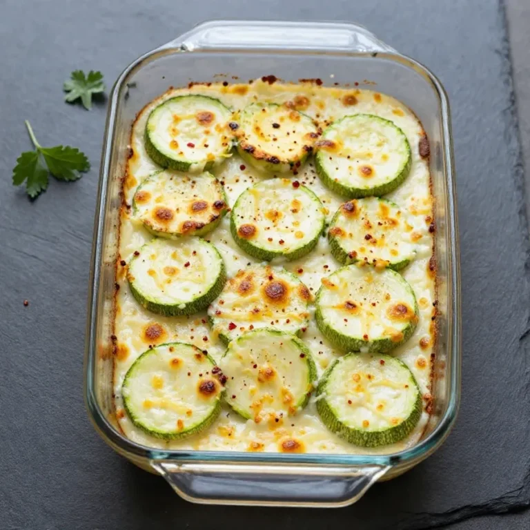 Ein goldbraun gebackener Zucchini Auflauf mit Feta in einer Auflaufform, garniert mit frischen Kräutern.