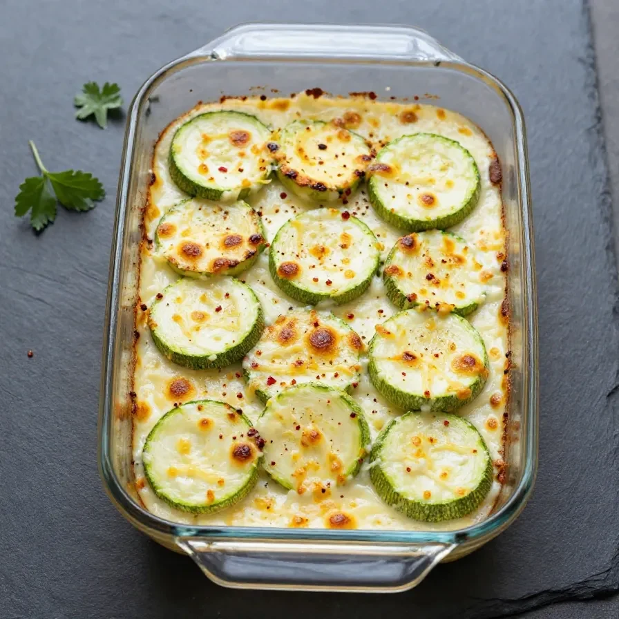 Ein goldbraun gebackener Zucchini Auflauf mit Feta in einer Auflaufform, garniert mit frischen Kräutern.