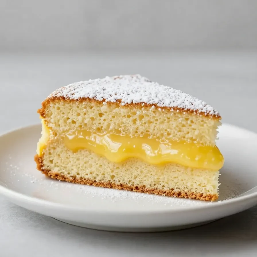 Ein saftiger Zitronen-Curd-Kuchen mit glänzender Zitronenglasur und frischen Zitronenscheiben auf einem hellen Teller.