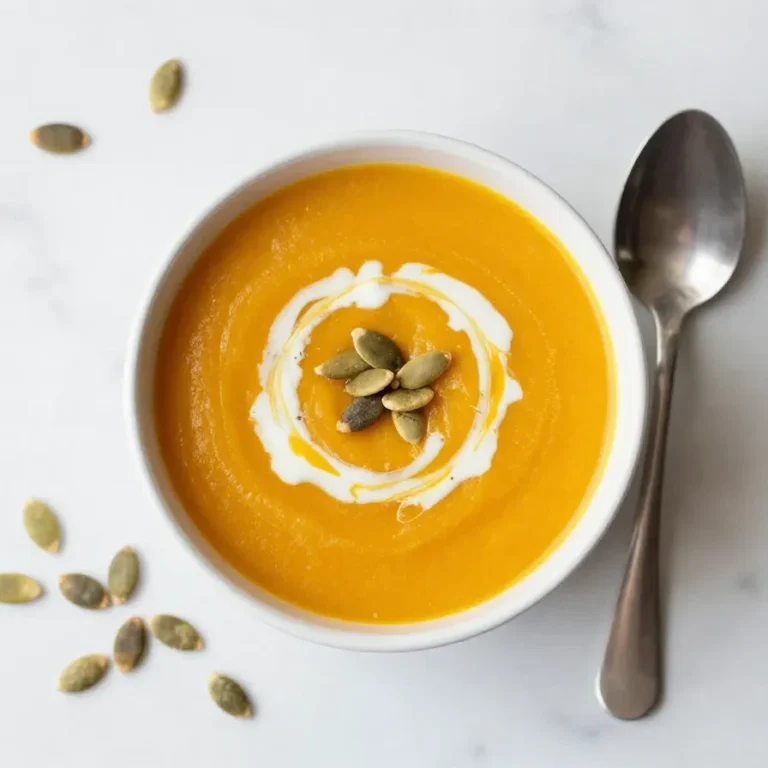 Eine cremige Butternut-Kürbissuppe mit Kokosmilch in einer Schale, garniert mit Kürbiskernen und frischen Kräutern.