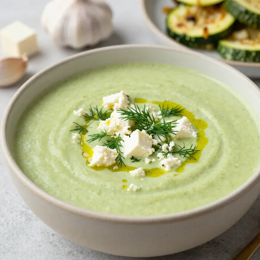 Eine cremige geröstete Zucchinisuppe in einer Schüssel, garniert mit zerbröseltem Feta und frischem Dill.