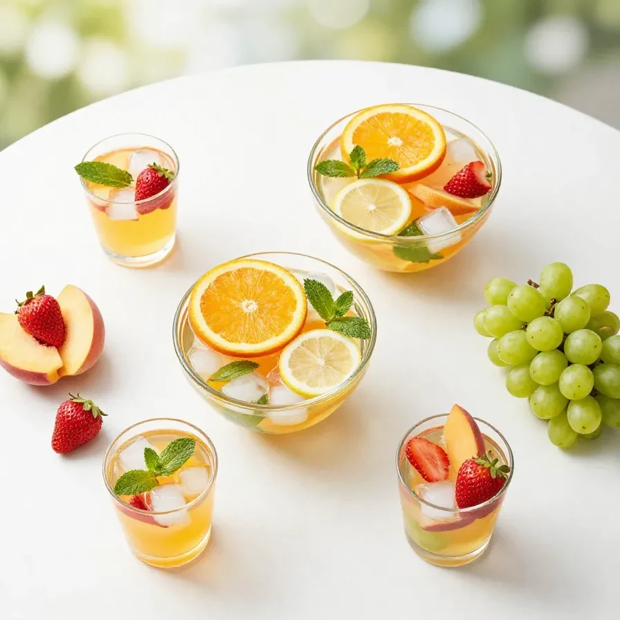 Glas mit alkoholfreier Sommerbowle mit frischen Beeren, Zitronenscheiben und Minze auf einem Gartentisch bei einer Grillparty.